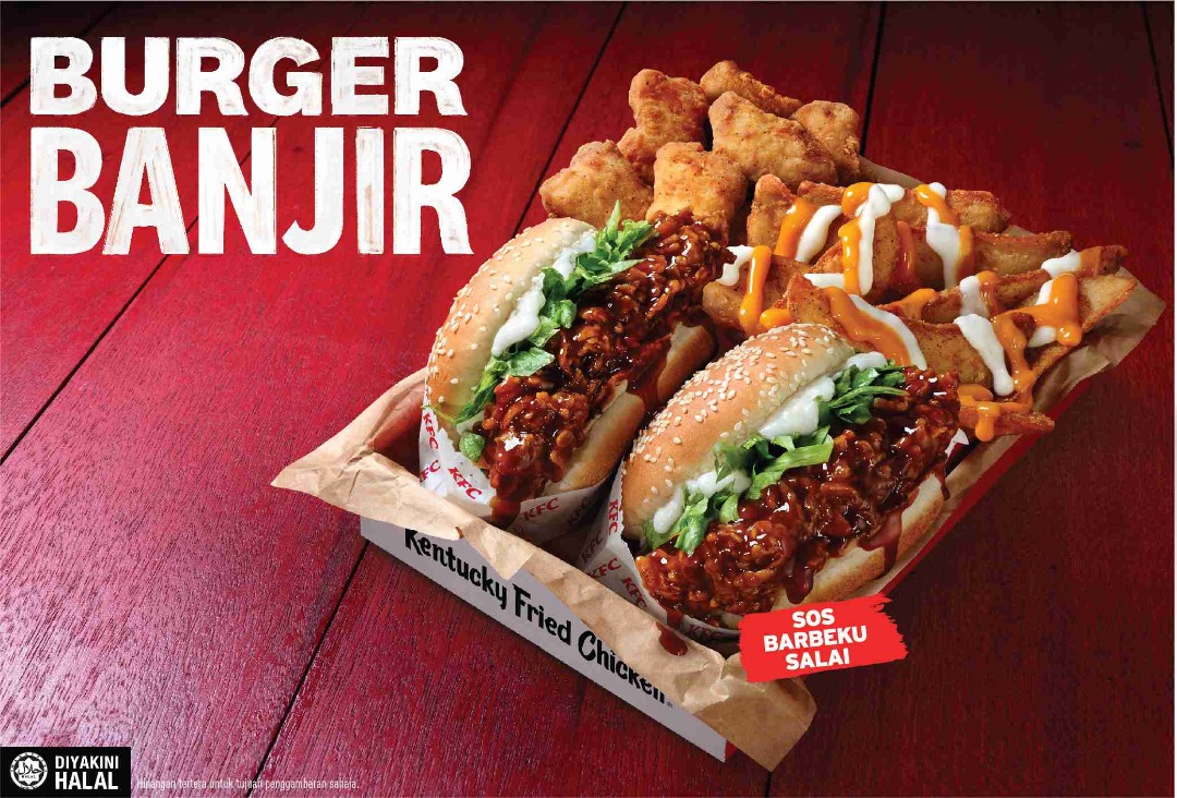 KFC Burger Banjir - Menampilkan Kepingan Ayam Yang Disaluti Sos BBQ Salai Leleh