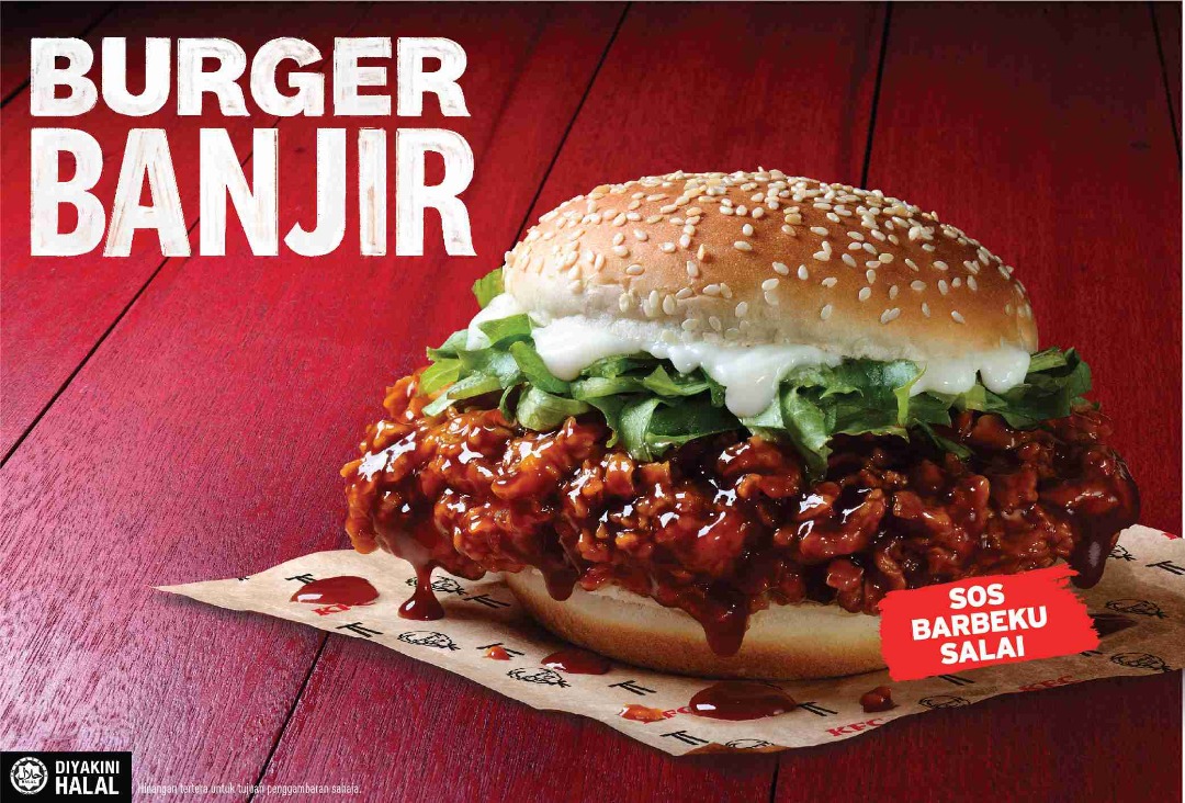 KFC Burger Banjir - Menampilkan Kepingan Ayam Yang Disaluti Sos BBQ Salai Leleh